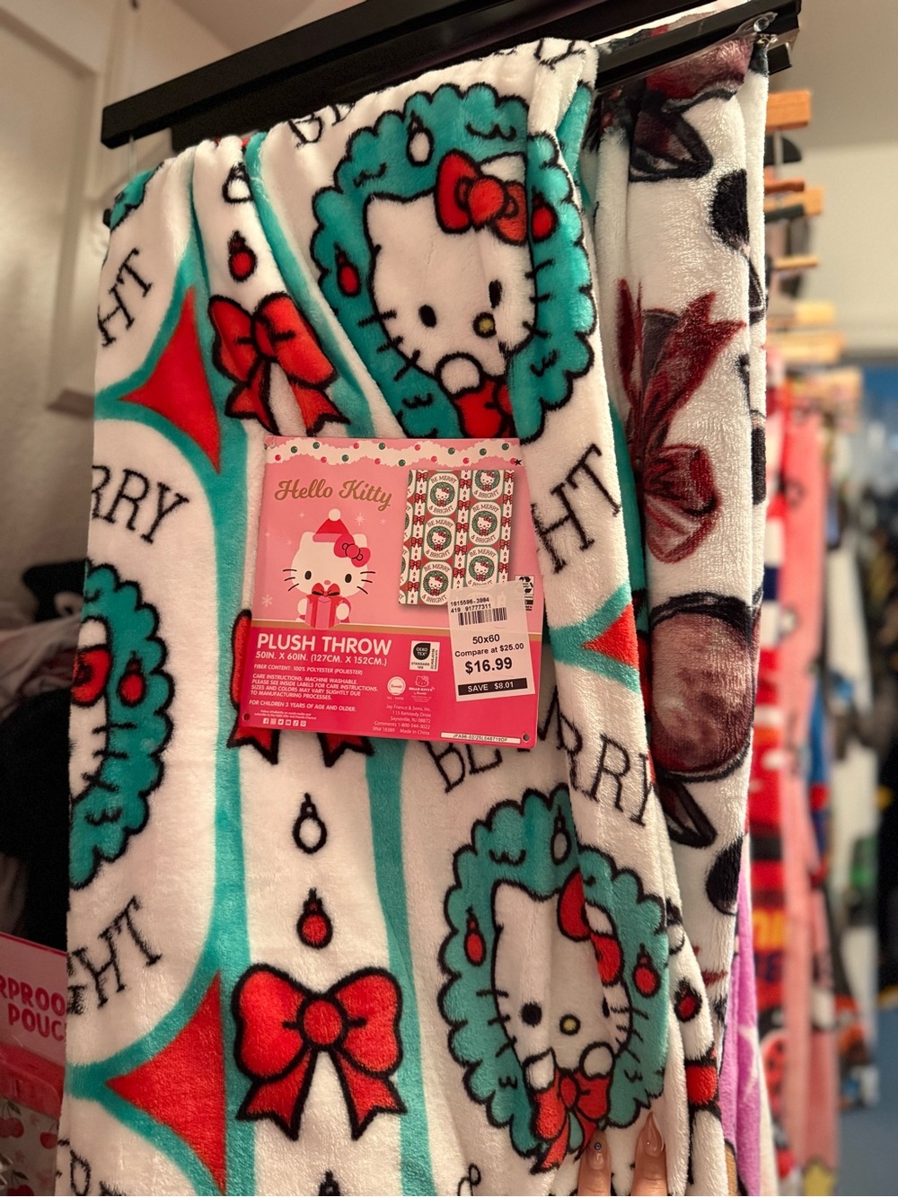 Hello Kitty Plush Throw Blanket - White, Teal & Red Bow Design